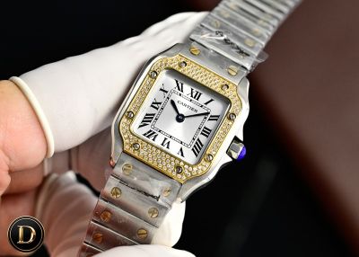 TW Factory Cartier Santos 27*34.4mm 316L Steel Quartz Movement Diamond Bezel TT Yellow Gold Band Lady Watch